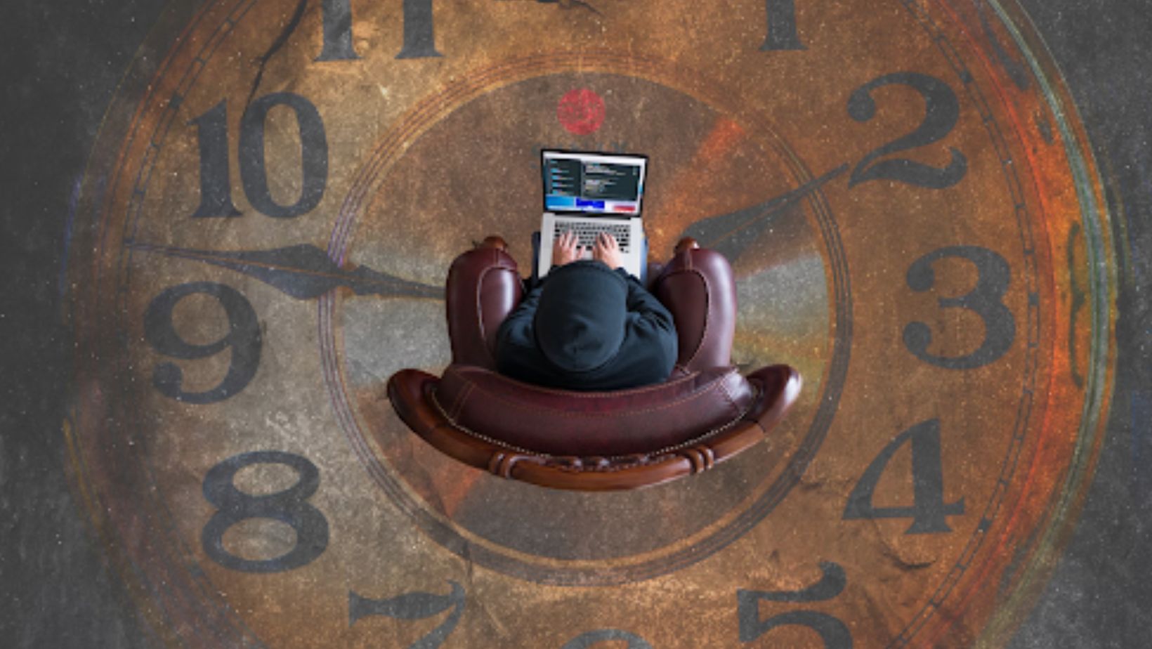 A person working on a laptop within a clock to represent time